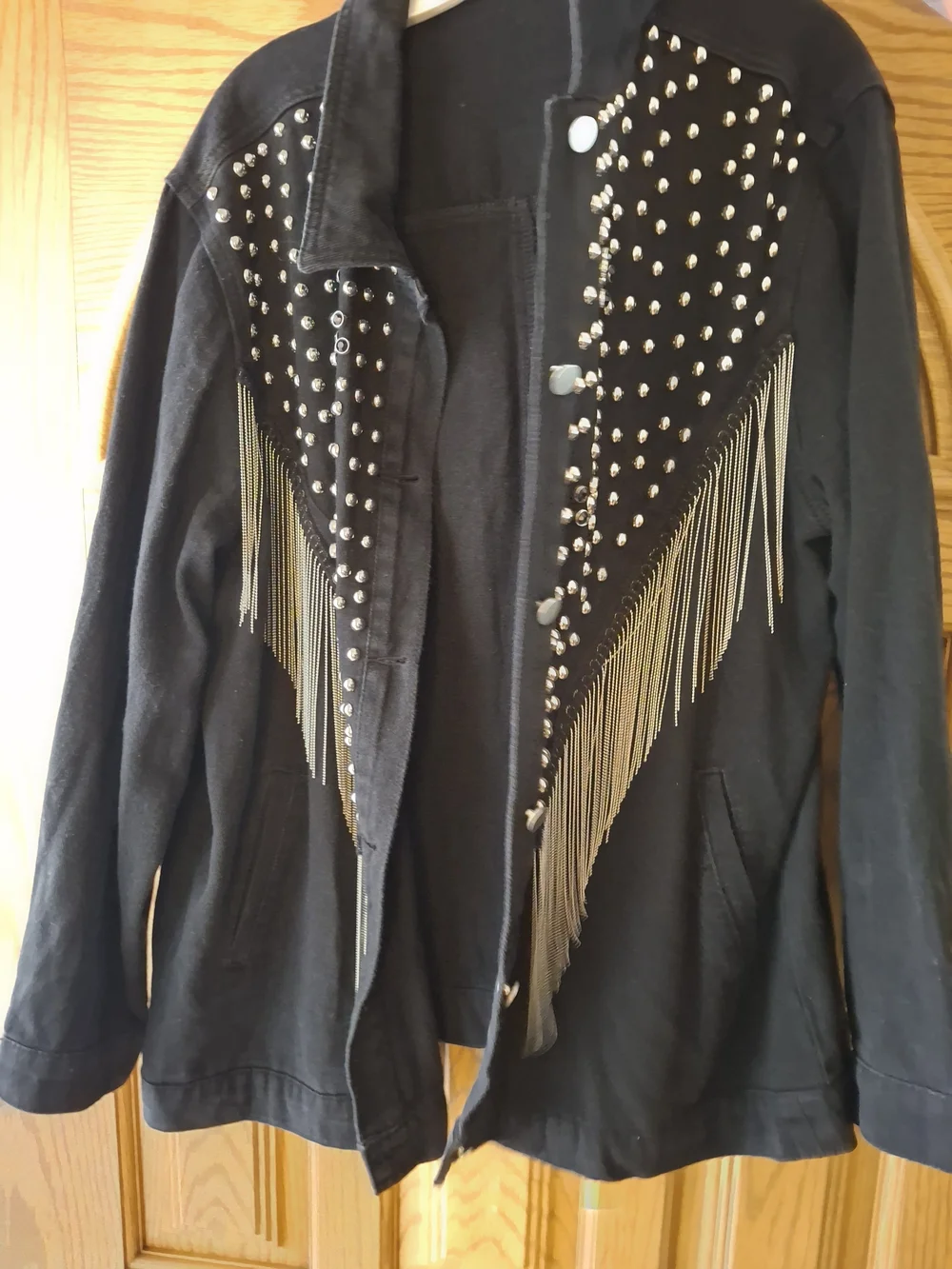 Western Black Studded Denim Jacket with Silver Fringe - Picture 4 of 5